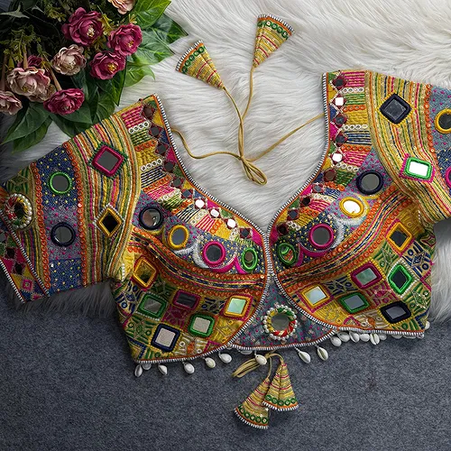 Gold Color Navratri Special Real Mirror Work Apple Cut Blouse