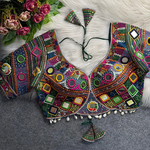 Green Color Navratri Special Real Mirror Work Apple Cut Blouse