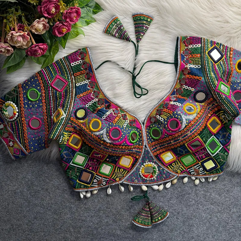 Green Color Navratri Special Real Mirror Work Apple Cut Blouse