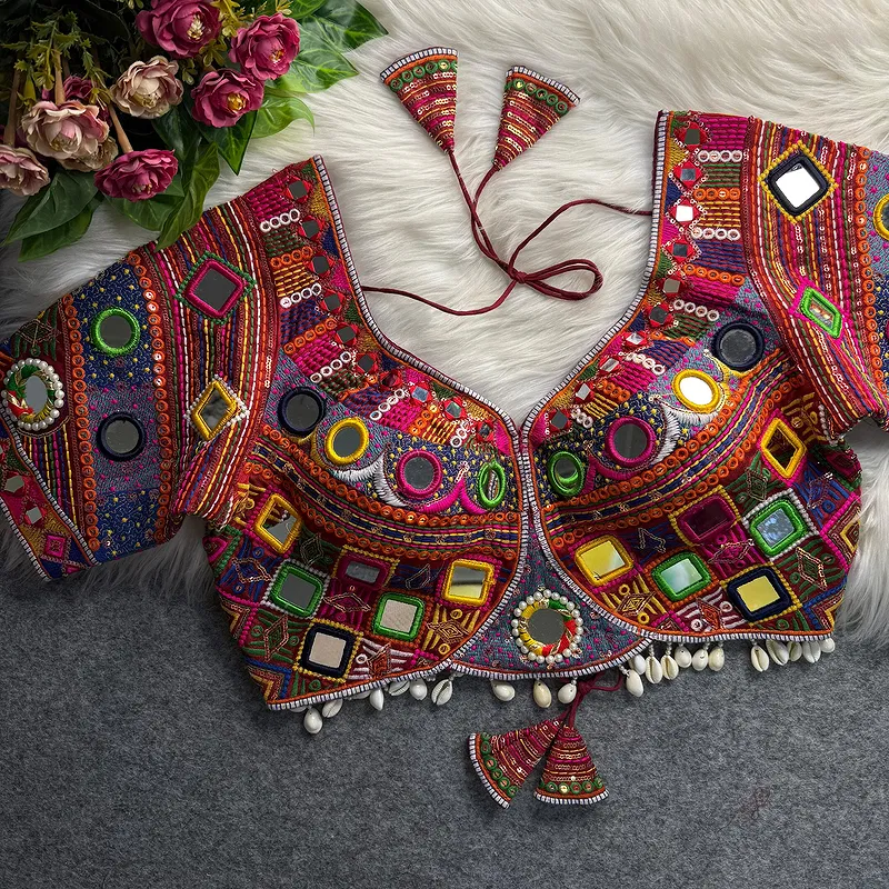Maroon Color Navratri Special Real Mirror Work Apple Cut Blouse