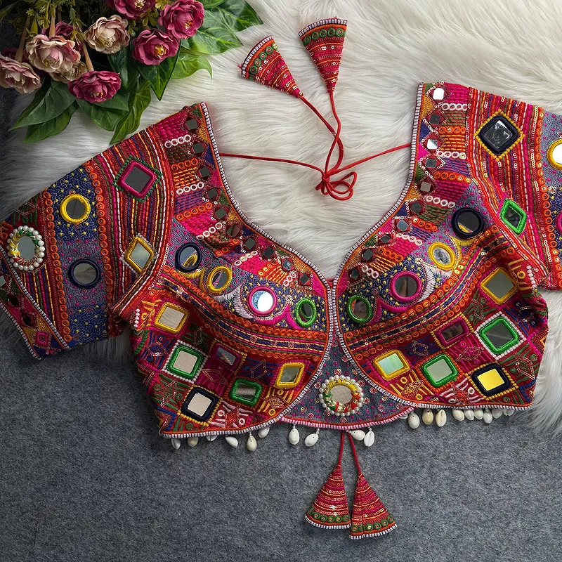 Red Color Navratri Special Real Mirror Work Apple Cut Blouse