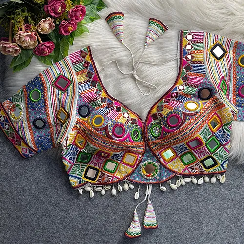 White Color Navratri Special Real Mirror Work Apple Cut Blouse