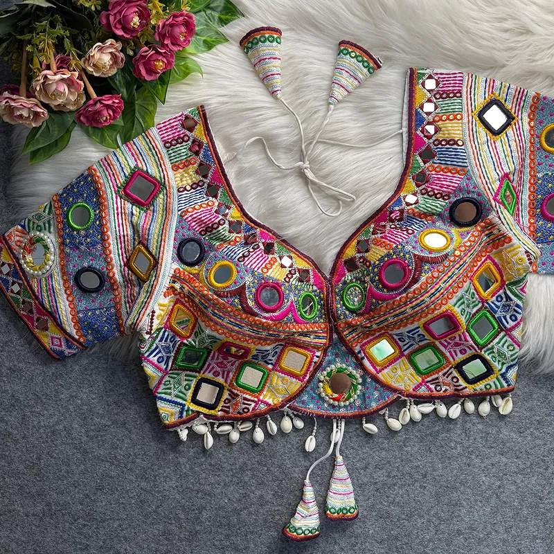 White Color Navratri Special Real Mirror Work Apple Cut Blouse