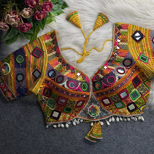 Yellow Color Navratri Special Real Mirror Work Apple Cut Blouse