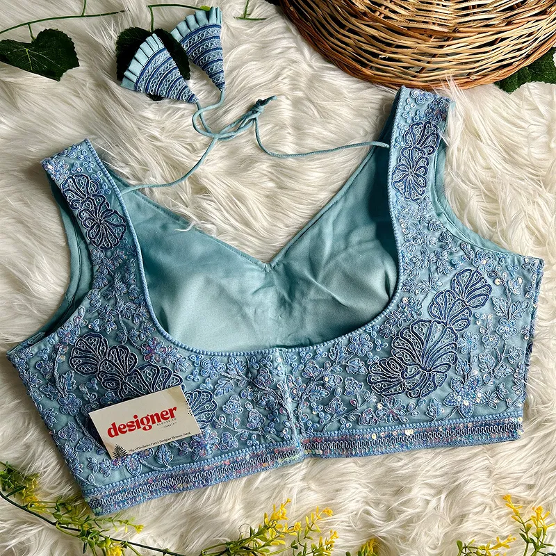 Blue Colour Designer Partywear Net Heavy Embroidery Blouse