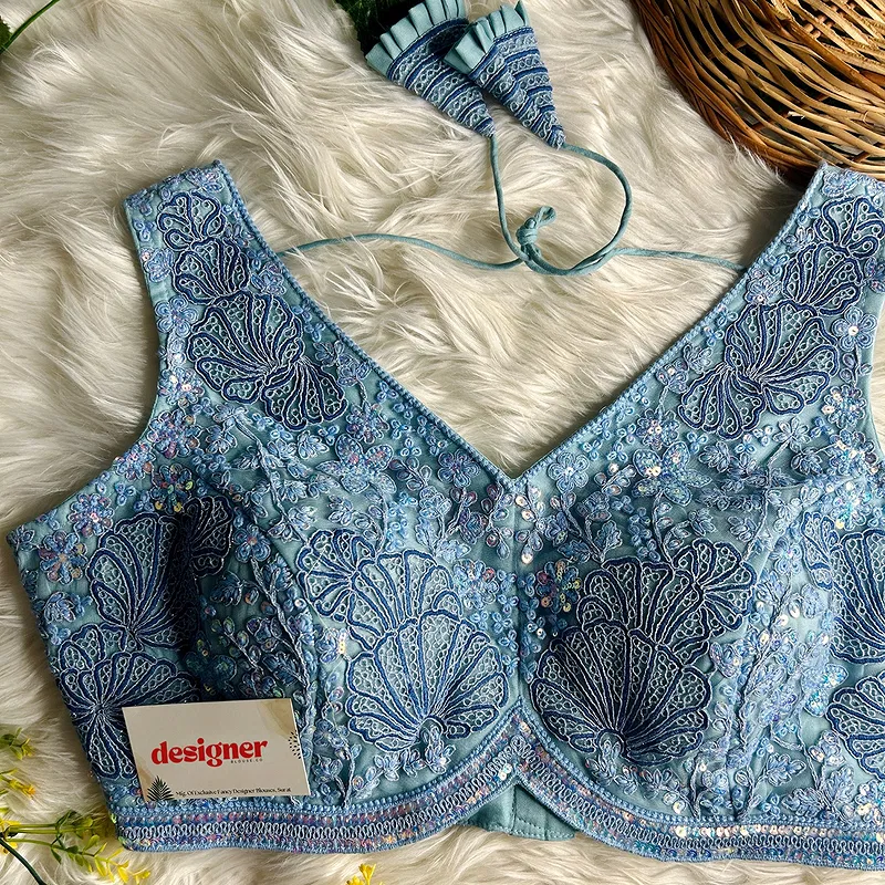 Blue Colour Designer Partywear Net Heavy Embroidery Blouse