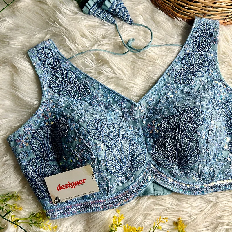 Blue Colour Designer Partywear Net Heavy Embroidery Blouse