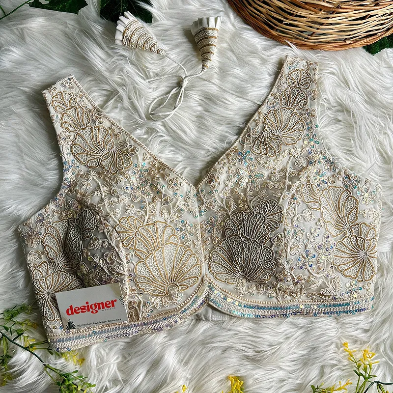 Off White Designer Partywear Net Heavy Embroidery Blouse	