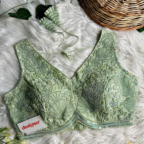 Pista Green Designer Partywear Net Heavy Embroidery Blouse	