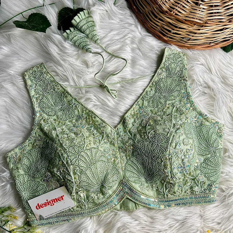 Pista Green Designer Partywear Net Heavy Embroidery Blouse	