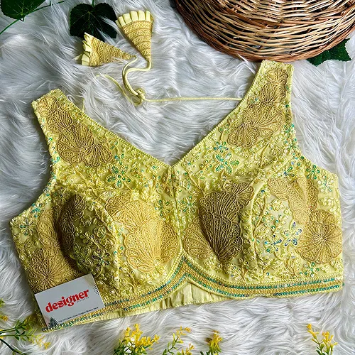 Yellow Designer Partywear Net Heavy Embroidery Blouse	
