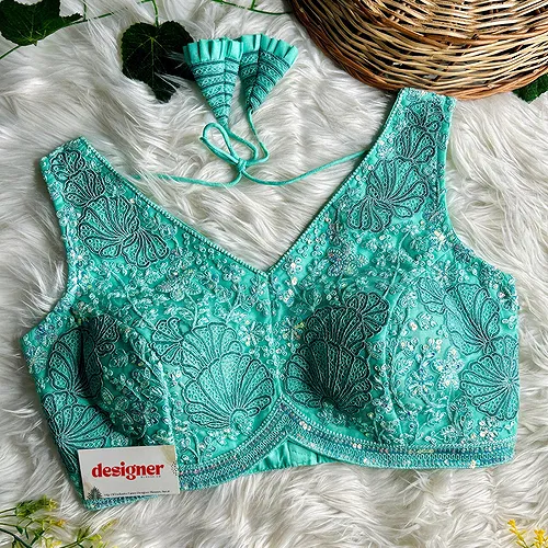 Sea Green Designer Partywear Net Heavy Embroidery Blouse	