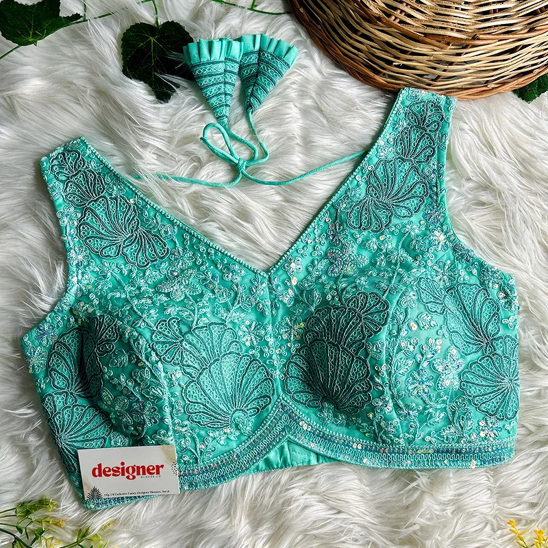 Sea Green Designer Partywear Net Heavy Embroidery Blouse	
