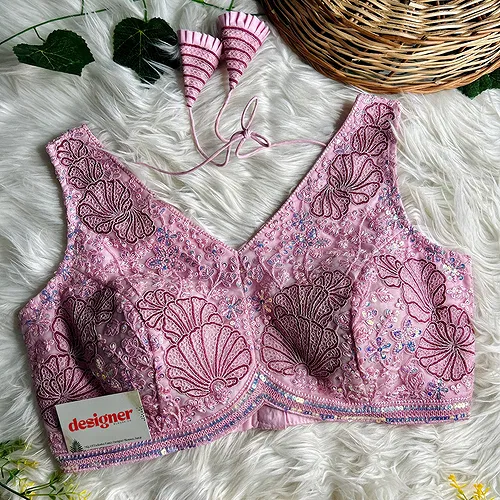 Baby Pink Designer Partywear Net Heavy Embroidery Blouse	