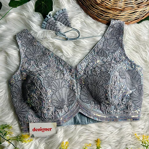 Grey Designer Partywear Net Heavy Embroidery Blouse	