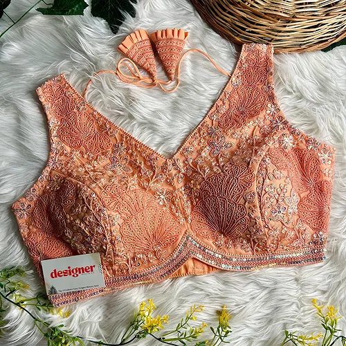 Peach Designer Partywear Net Heavy Embroidery Blouse	