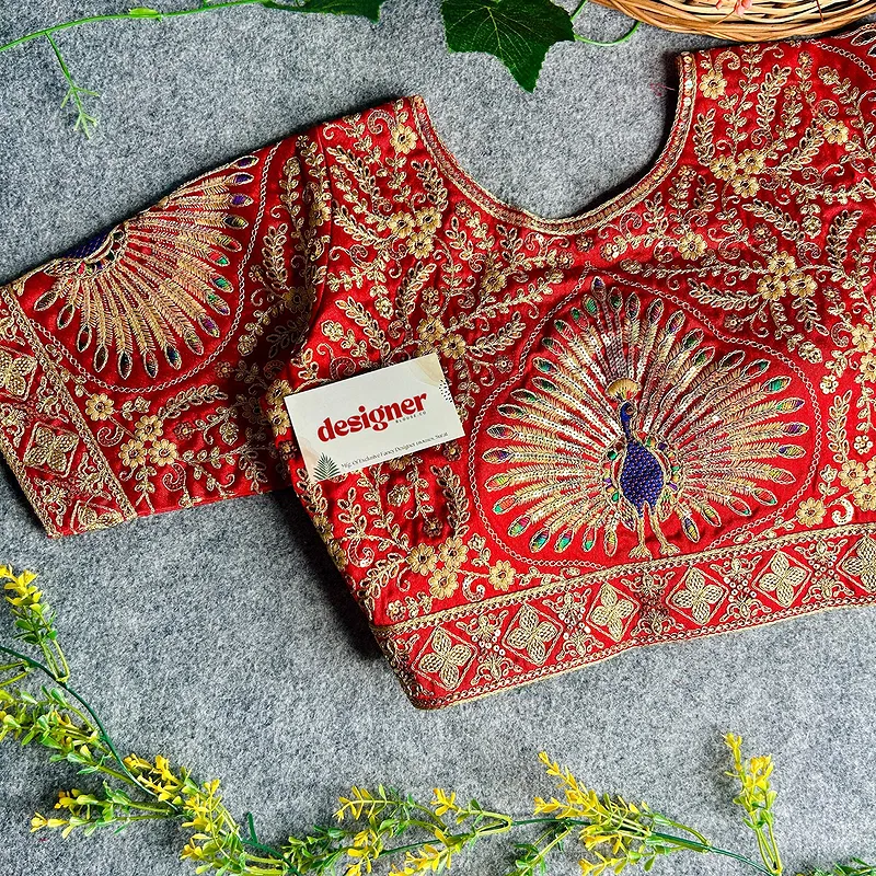 Red Color Heavy Long Stitch Apple-Cut Cording Work Blouse