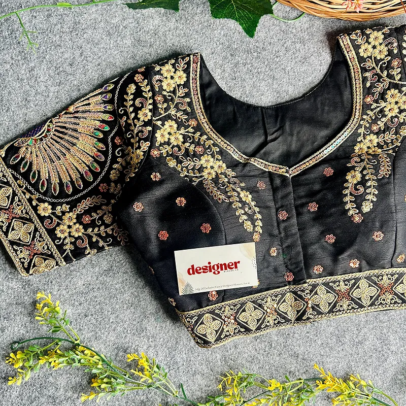 Black Color Heavy Long Stitch Apple-Cut Cording Work Blouse