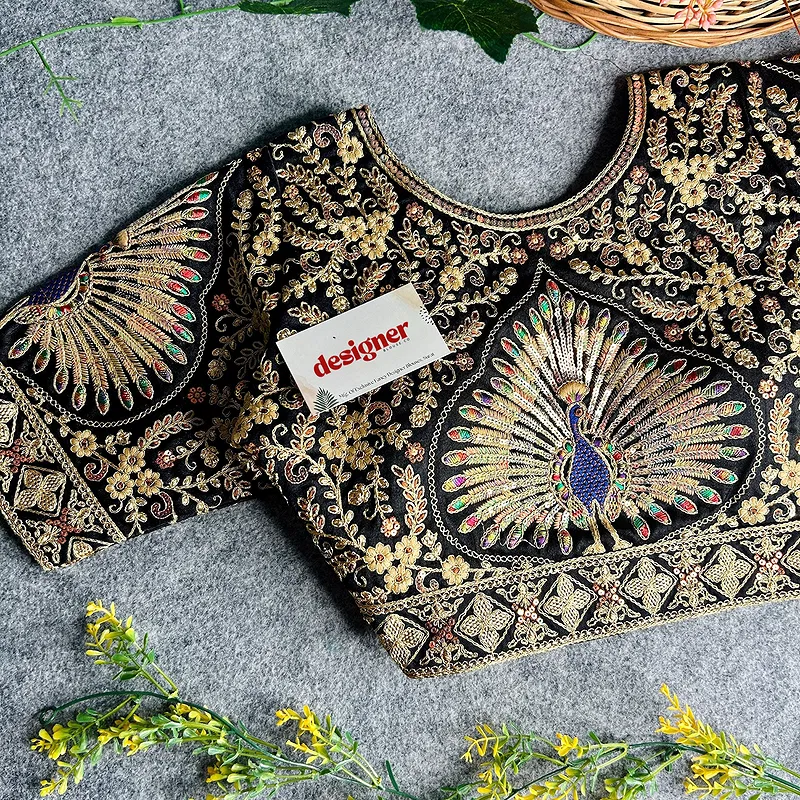 Black Color Heavy Long Stitch Apple-Cut Cording Work Blouse