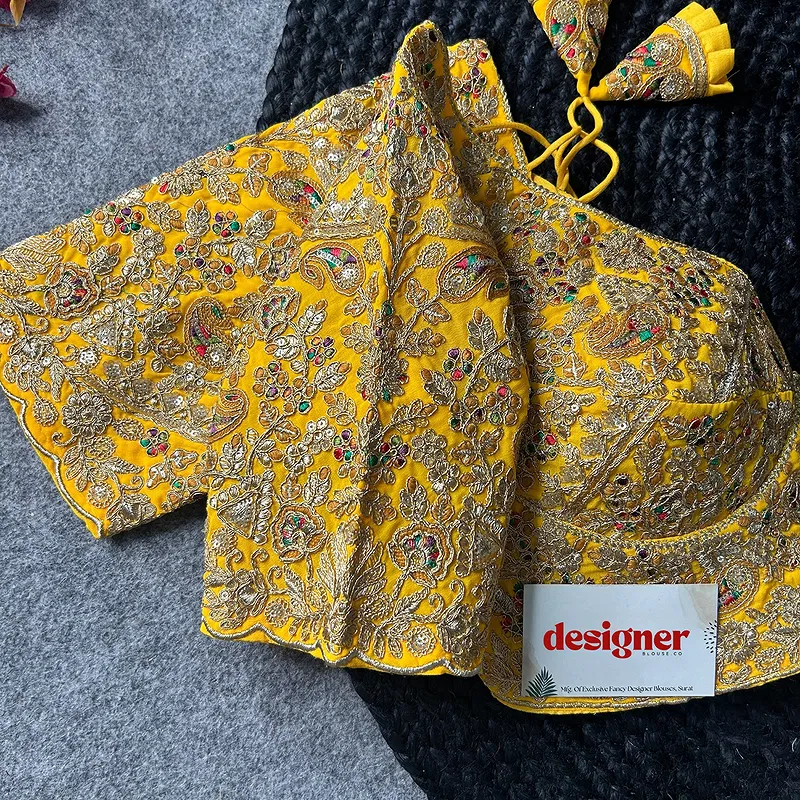 Yellow Color Beautiful Apple-Cut Bridal Blouse with Embroidery