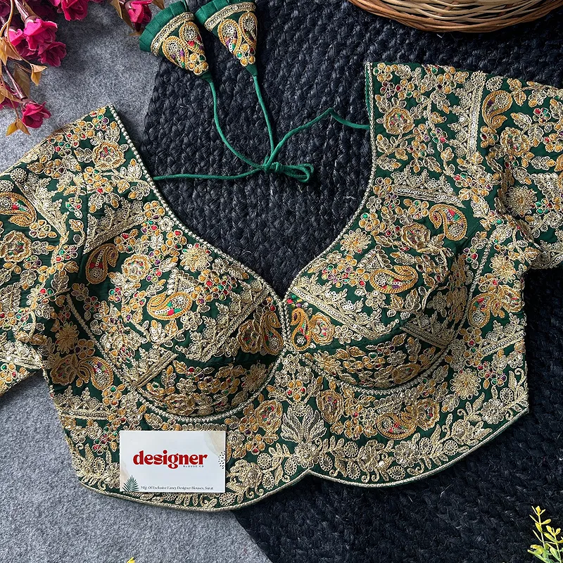 Green Color Beautiful Apple-Cut Bridal Blouse with Embroidery