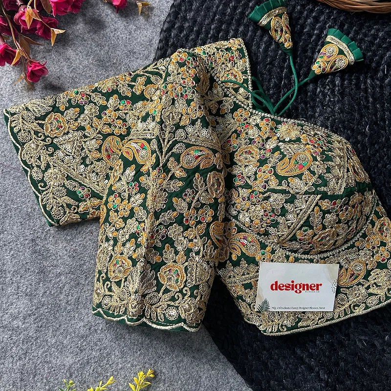 Green Color Beautiful Apple-Cut Bridal Blouse with Embroidery