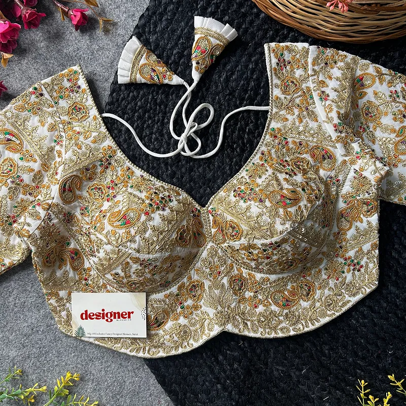 White  Color Beautiful Apple-Cut Bridal Blouse with Embroidery