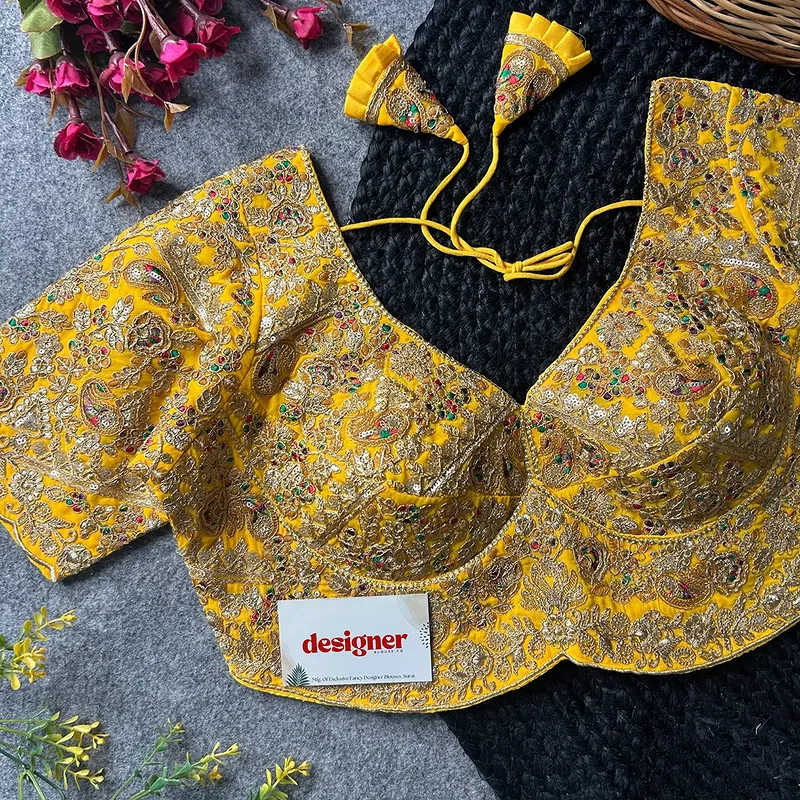 Yellow Color Beautiful Apple-Cut Bridal Blouse with Embroidery