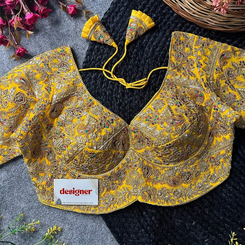 Yellow Color Beautiful Apple-Cut Bridal Blouse with Embroidery