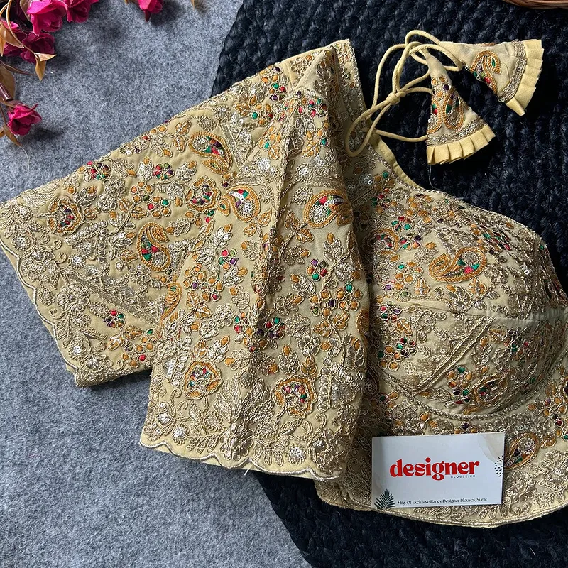 Gold Color Beautiful Apple-Cut Bridal Blouse with Embroidery