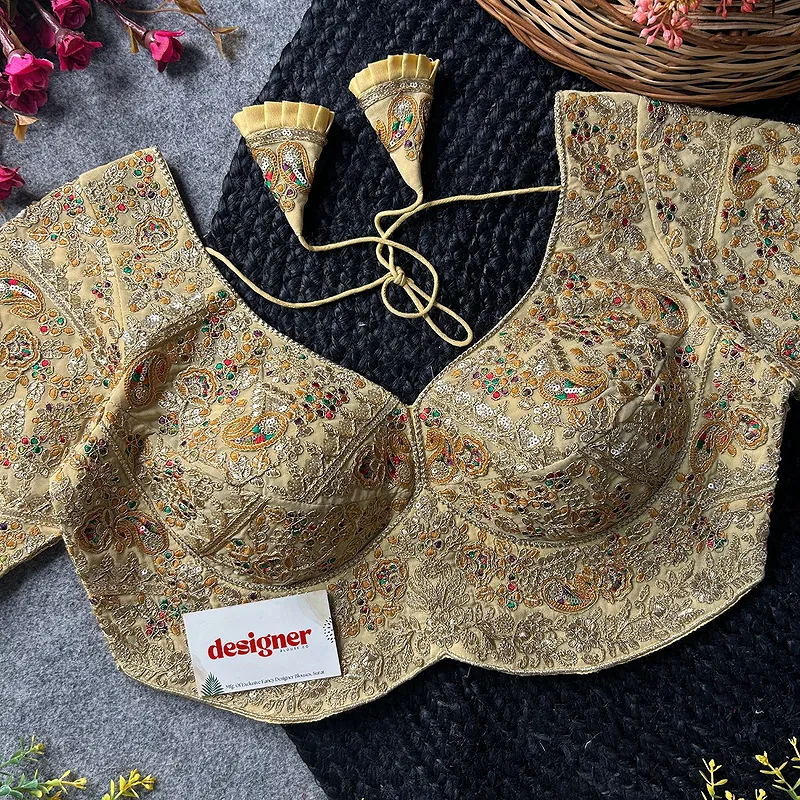 Gold Color Beautiful Apple-Cut Bridal Blouse with Embroidery