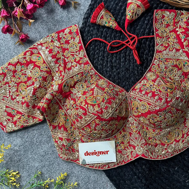 Red Color Beautiful Apple-Cut Bridal Blouse with Embroidery