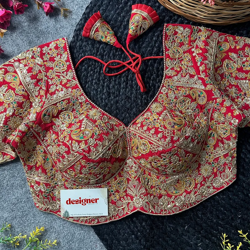 Red Color Beautiful Apple-Cut Bridal Blouse with Embroidery