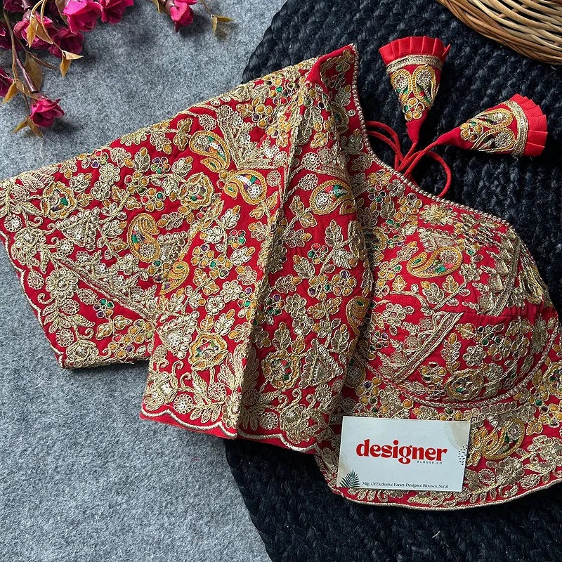 Red Color Beautiful Apple-Cut Bridal Blouse with Embroidery