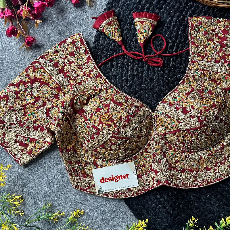 Maroon Color Beautiful Apple-Cut Bridal Blouse with Embroidery