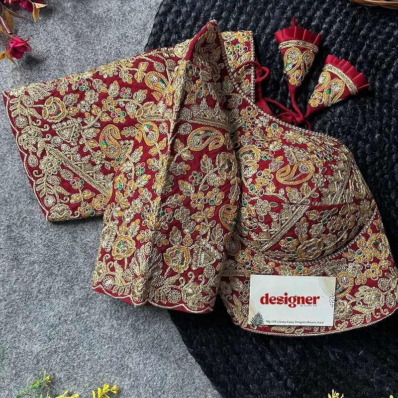 Maroon Color Beautiful Apple-Cut Bridal Blouse with Embroidery