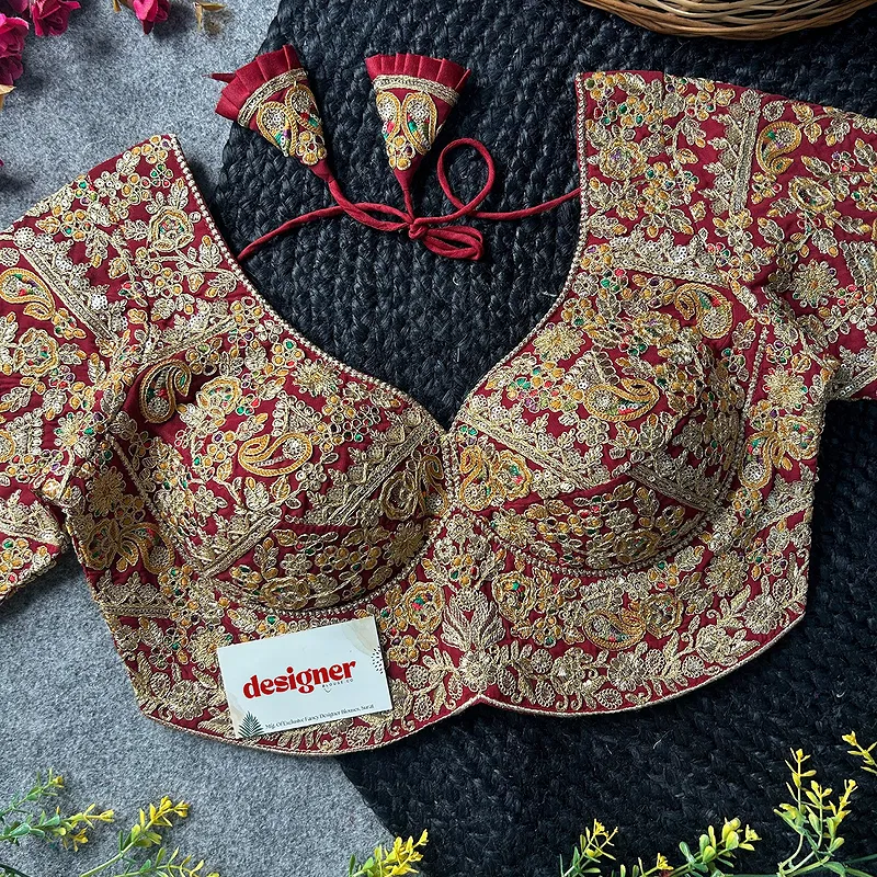 Maroon Color Beautiful Apple-Cut Bridal Blouse with Embroidery