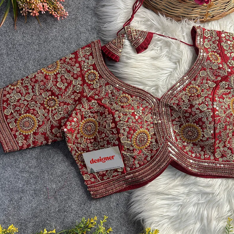 Maroon Color Apple Cut Bridal Heavy Embroidery Work Blouse