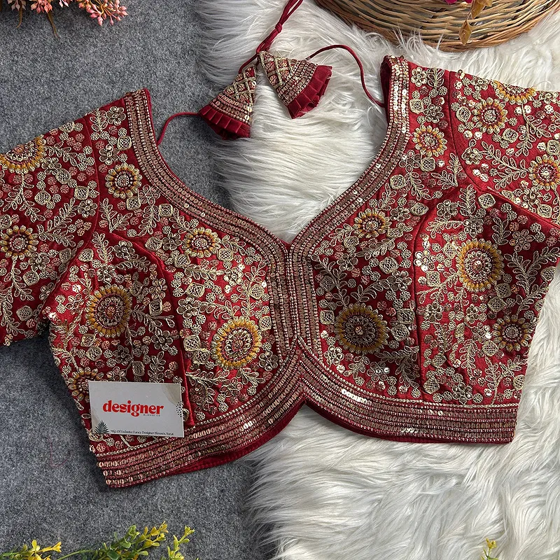 Maroon Color Apple Cut Bridal Heavy Embroidery Work Blouse