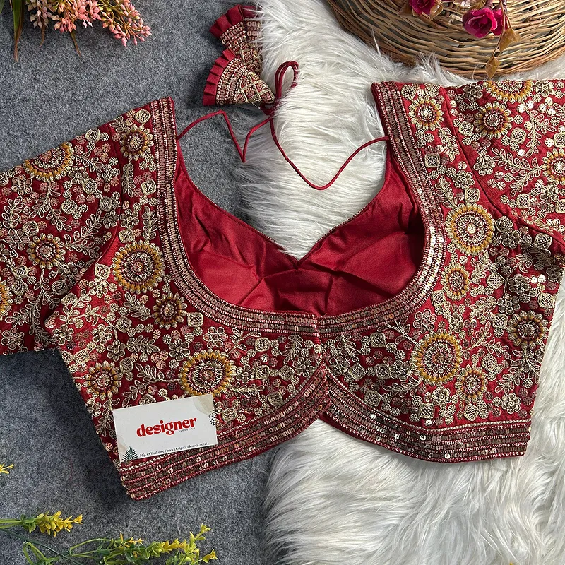 Maroon Color Apple Cut Bridal Heavy Embroidery Work Blouse