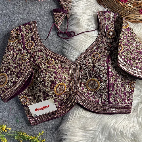 Wine Color Apple Cut Bridal Heavy Embroidery Work Blouse