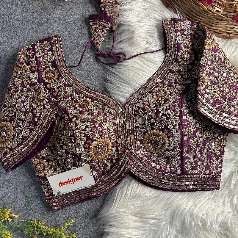 Wine Color Apple Cut Bridal Heavy Embroidery Work Blouse