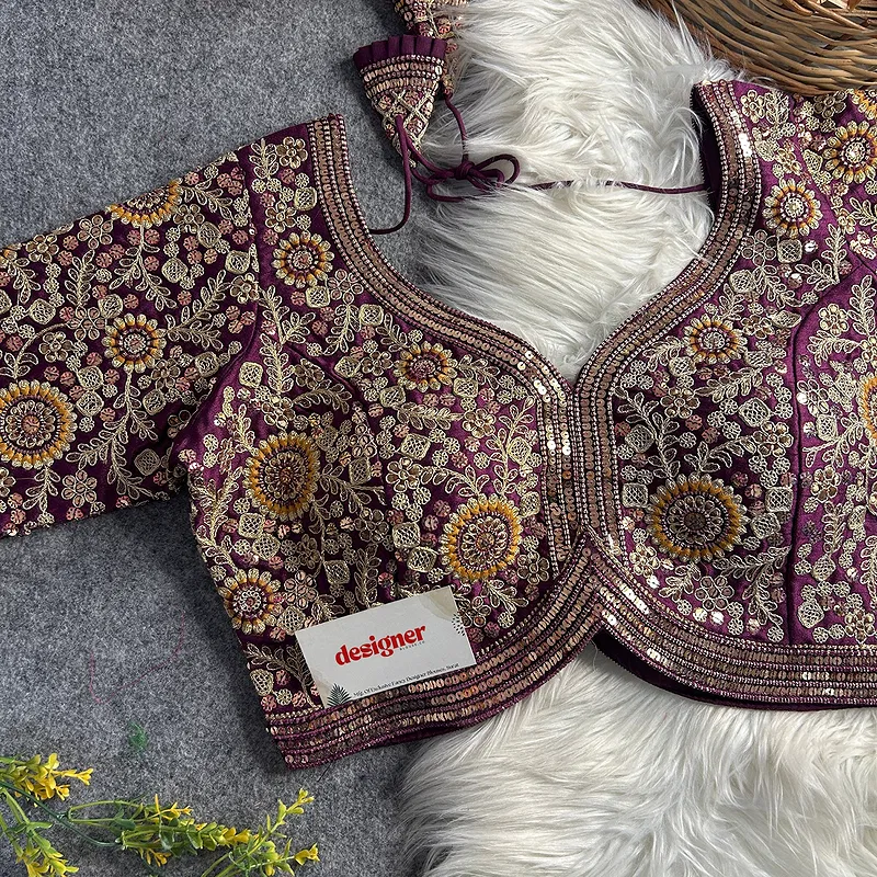 Wine Color Apple Cut Bridal Heavy Embroidery Work Blouse