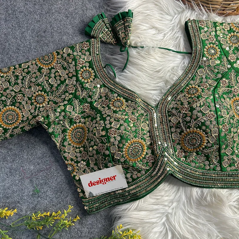 Green Color Apple Cut Bridal Embroidery Blouse