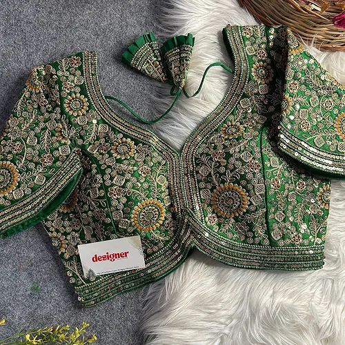 Green Color Apple Cut Bridal Embroidery Blouse