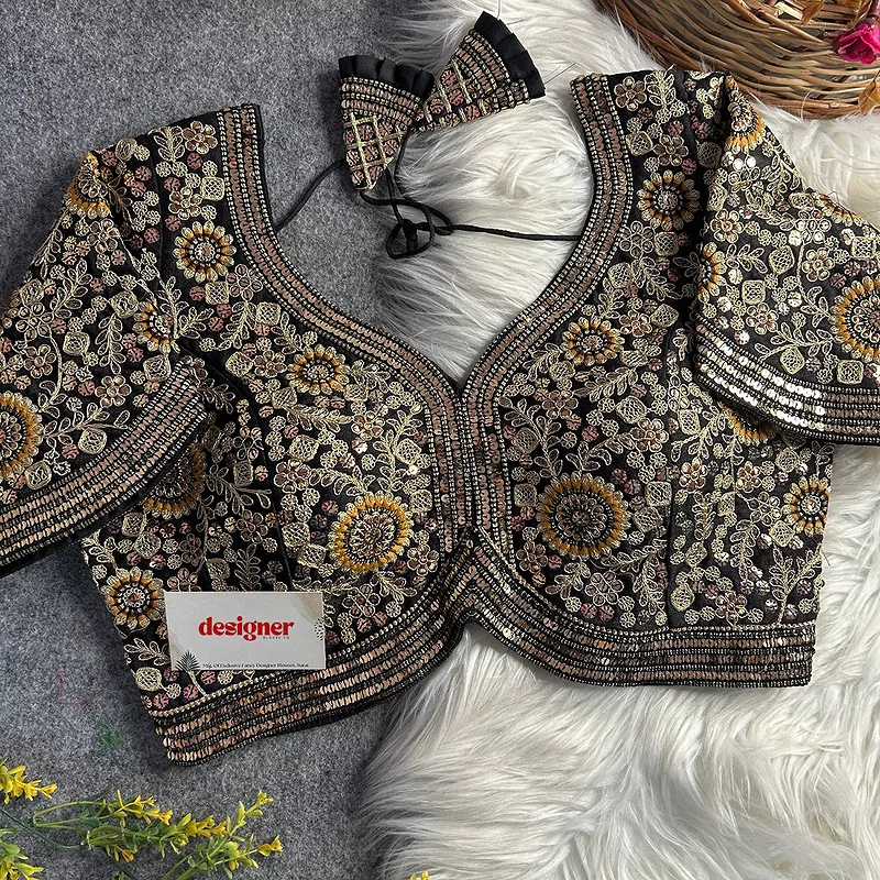 Black Color Apple Cut Bridal Heavy Embroidery Work Blouse