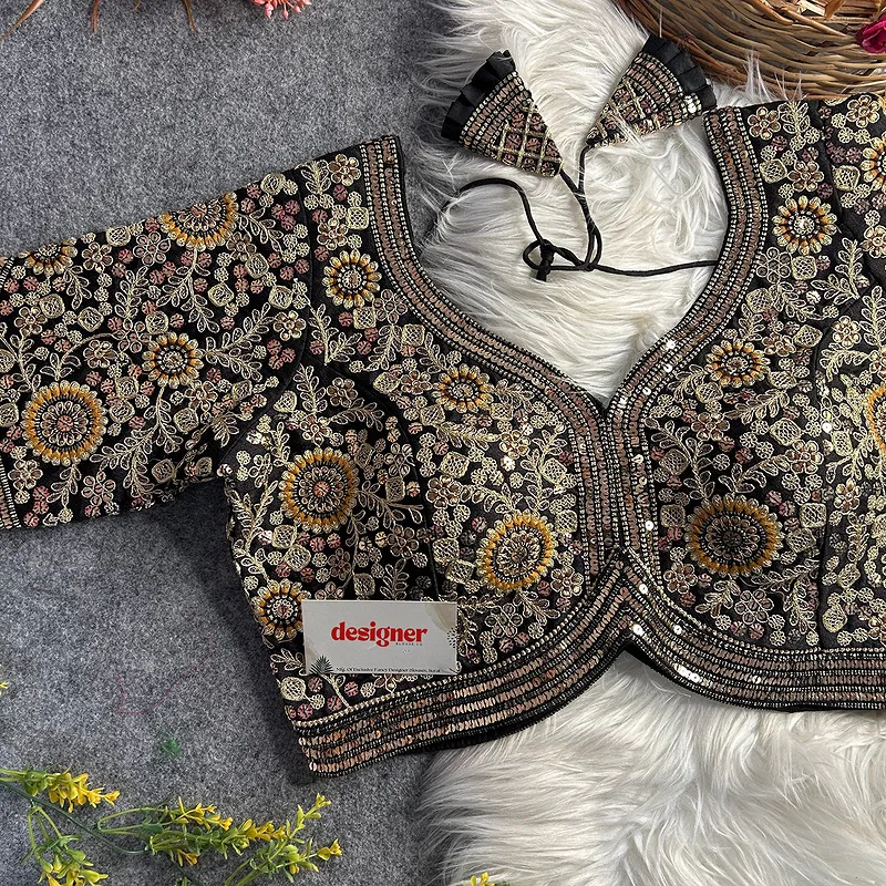 Black Color Apple Cut Bridal Heavy Embroidery Work Blouse