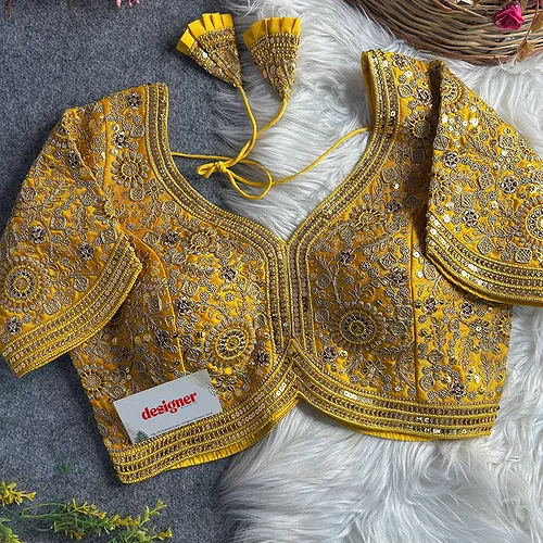 Yellow Color Apple Cut Bridal Heavy Embroidery Work Blouse