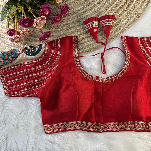 Red Color 3D Peacock Italian Silk Heavy Sleeve Blouse