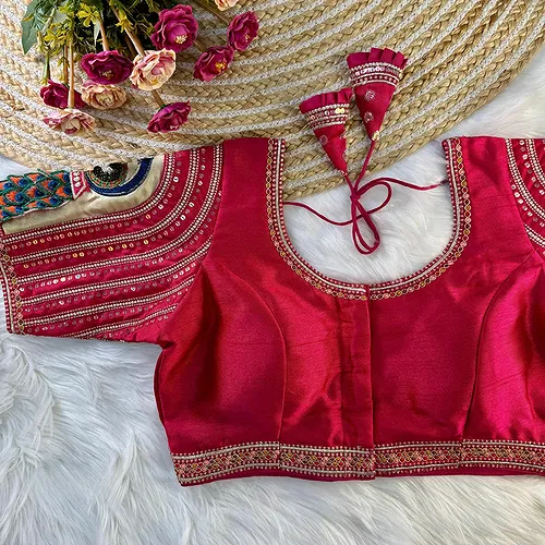 Rani Color 3D Peacock Italian Silk Heavy Sleeve Blouse